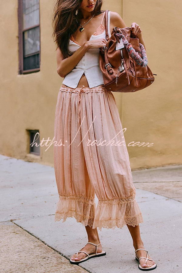 Pastoral Style Elastic Waist Lace Hem Bloomer Pants