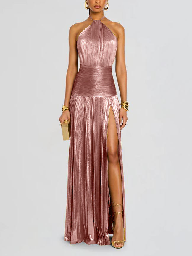 Fashion Metallic Pleated Halter Dress - Elena Harper