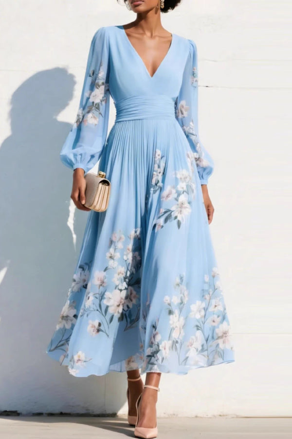 Floral Print V-neck Long-sleeved Fitted Waist Casual Maxi Dress, view 3 - Elena Harper