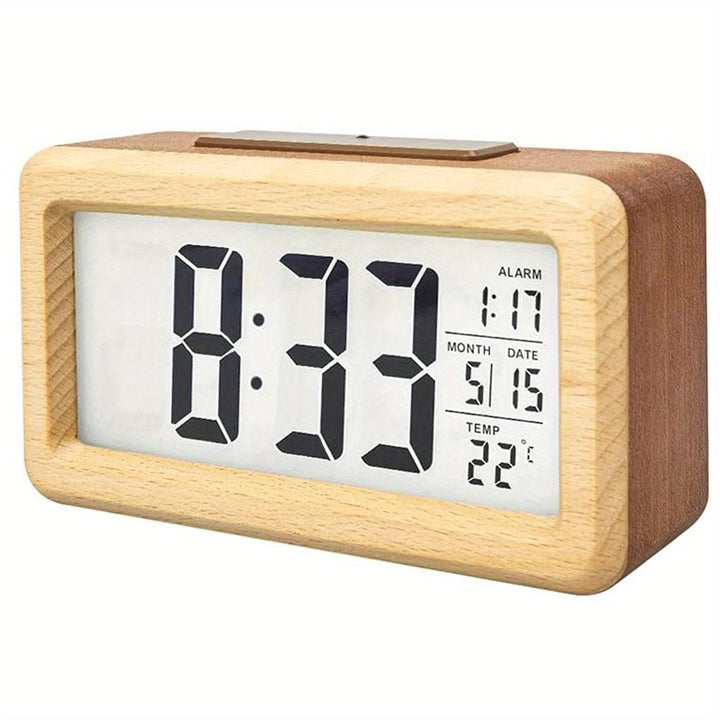 Wooden Digital Alarm Clock with LED Display, Temp & Date