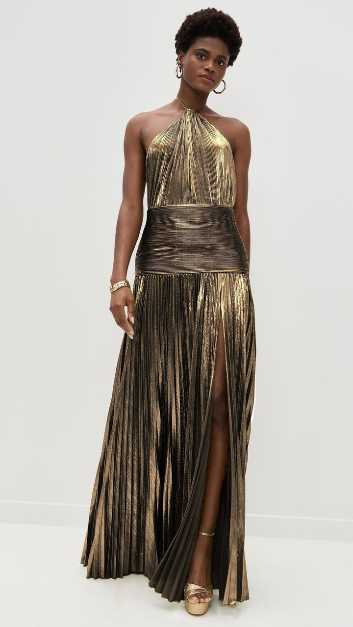 Fashion Metallic Pleated Halter Dress - Elena Harper