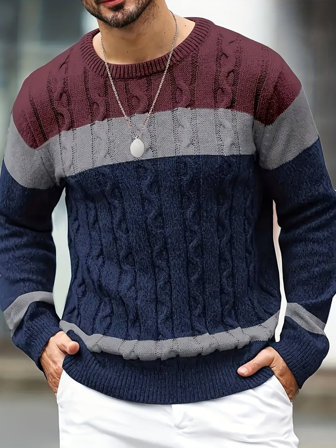 Markus | Timeless Knitted Sweater with Cable Knit Pattern and Color Block Design