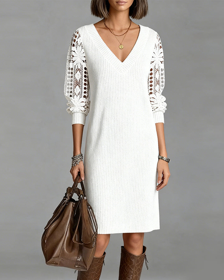 Long Sleeve Lace Dress with V-Neck - Elena Harper