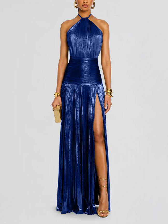 Fashion Metallic Pleated Halter Dress - Elena Harper