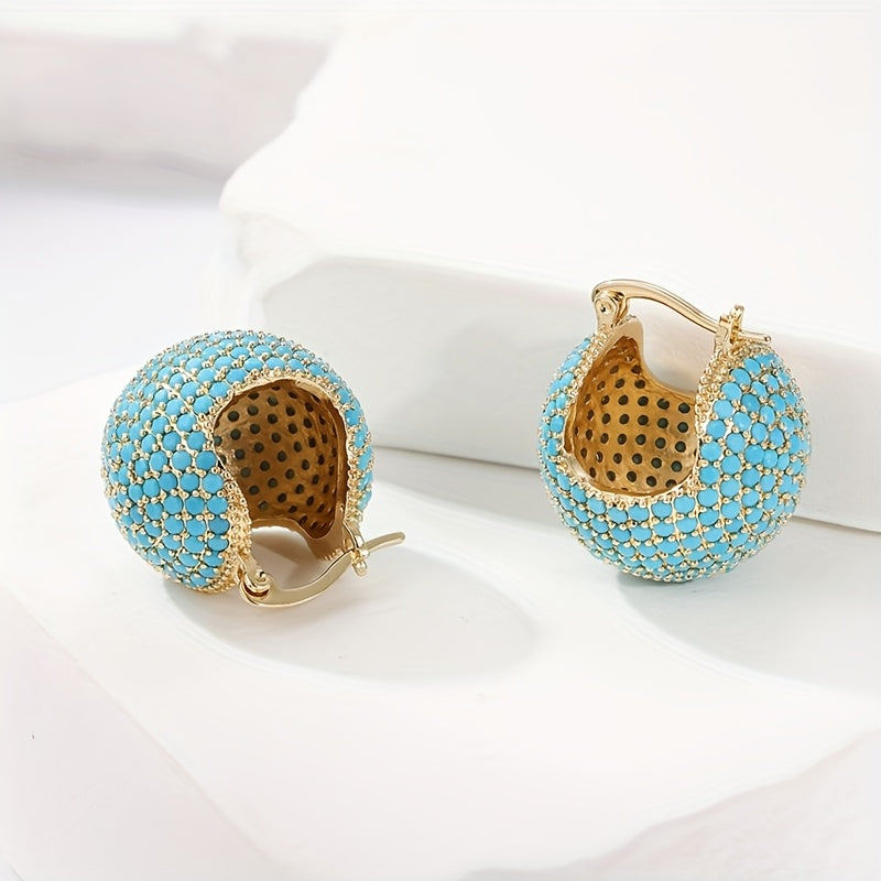 Classic Retro Style Gold Turquoise Dome Hoop Earrings - Elena Harper