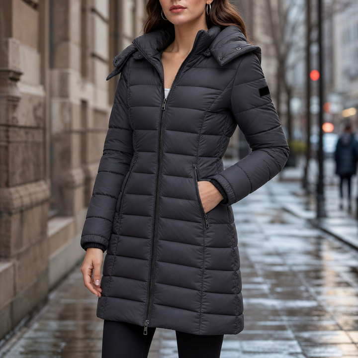 Mia | Elegant Mid-Length Puffer Jacket with Hood and Insulating Quilting