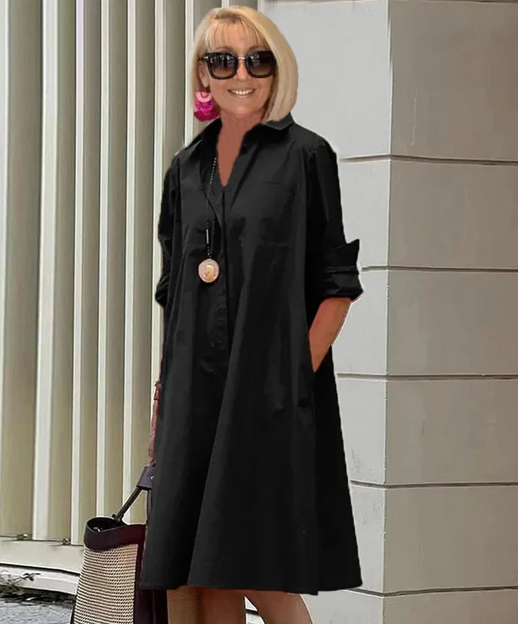 Vireya - Shirt Collar Pocket Midi Dress