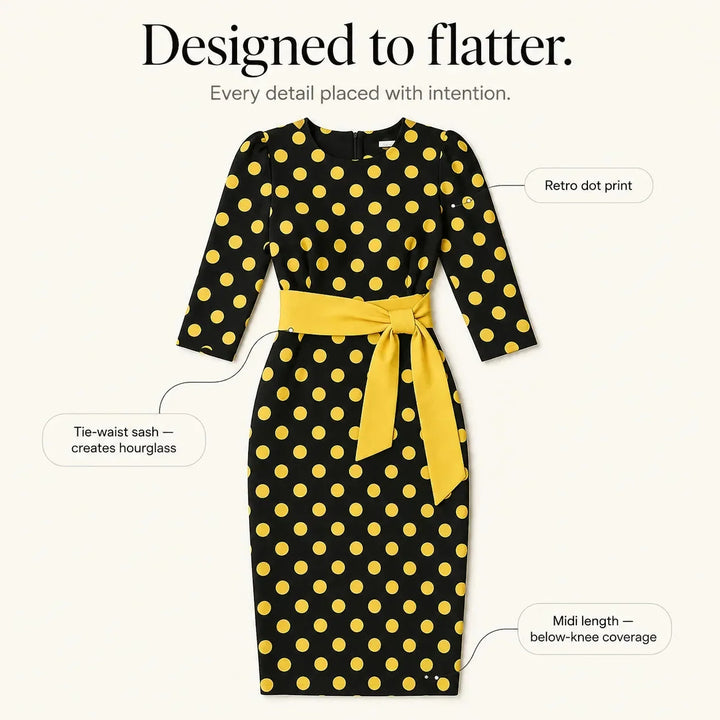 Belora Retro Polka Dot Midi Dress with Belted Waist - Elena Harper