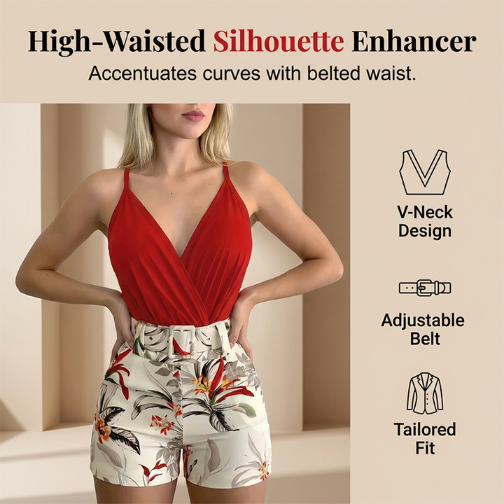 Elegant Tropical Set with High-Waisted Shorts and V-Neck