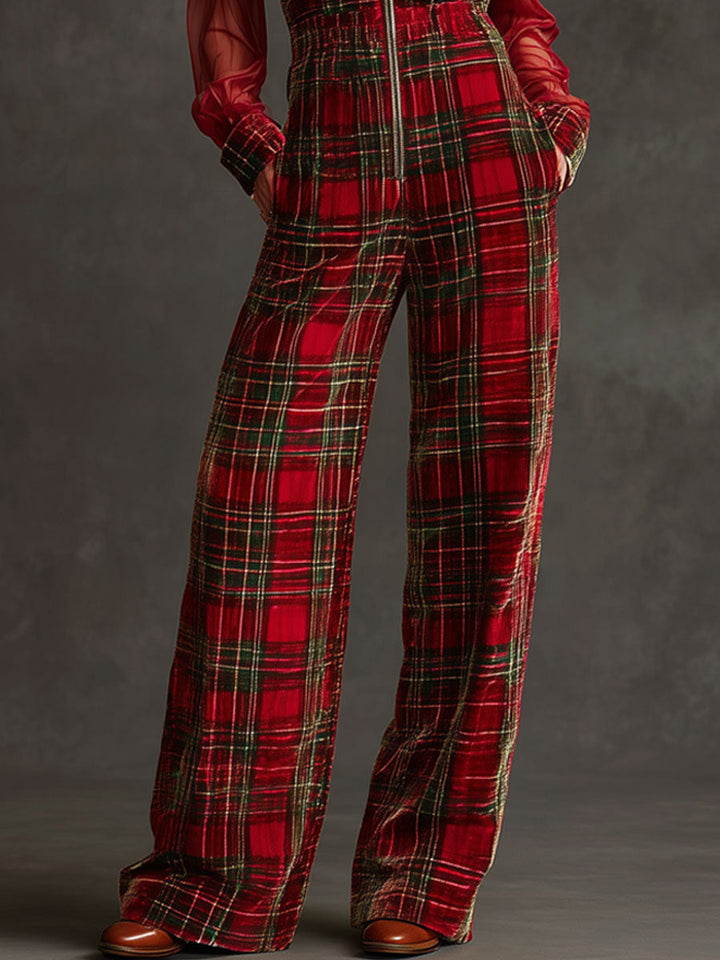 Retro Long-sleeved Mesh Red And Green Plaid Velvet Wide-leg Jumpsuit, view 7 - Elena Harper