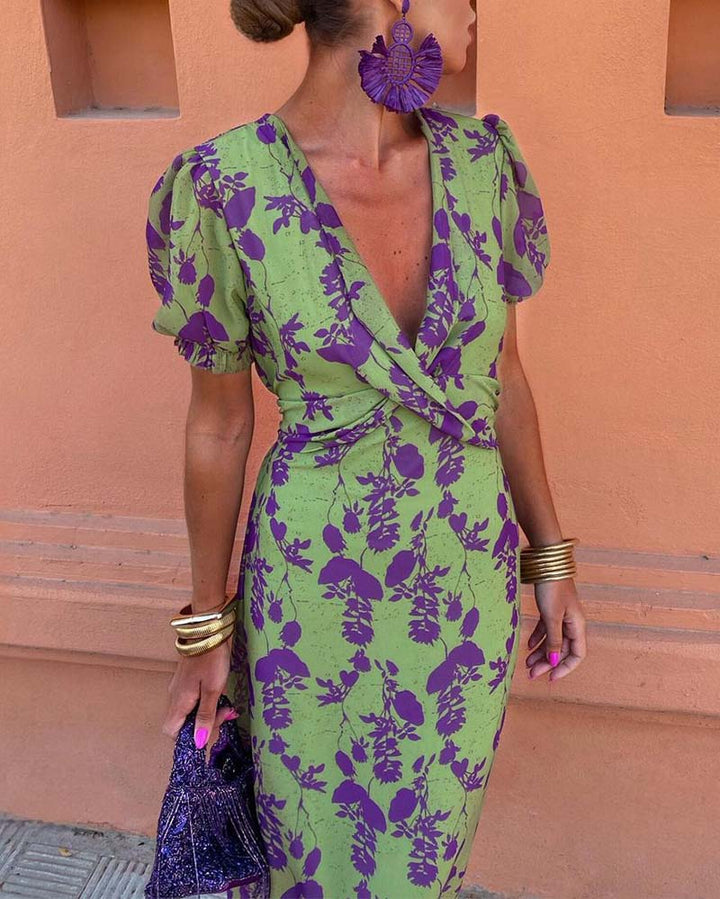 Aria Elegant Deep V-neck Dress With Leaf Pattern - Elena Harper