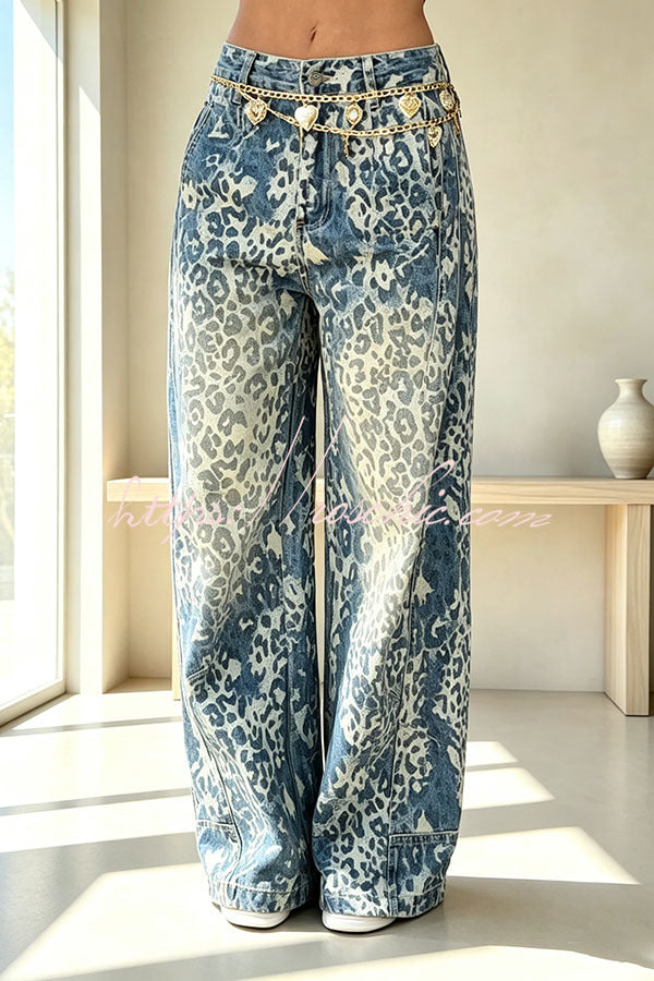 Stylish and Distinctive Leopard Print Denim High Rise Pocket Wide Leg Jeans