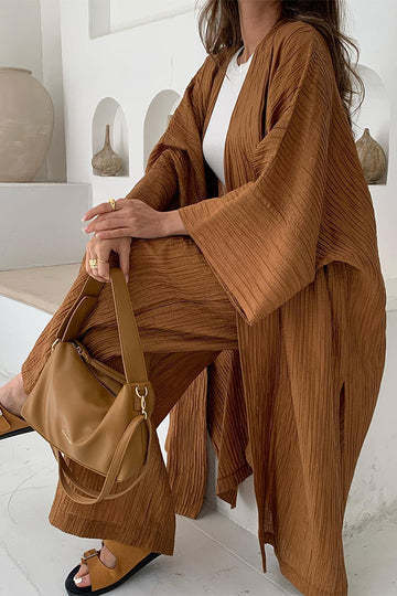 Aubree Casual Two-Piece Set in Pleated Kimono Style, view 3 - Elena Harper