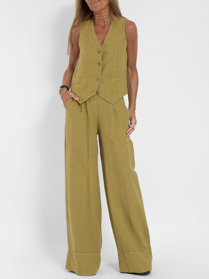 Aira Buttoned Vest & Wide-Leg Trousers Set - Elena Harper