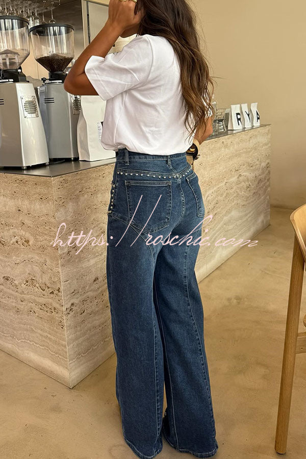 Trendy and Unique Denim Beaded High Rise Pocket Straight Leg Jeans