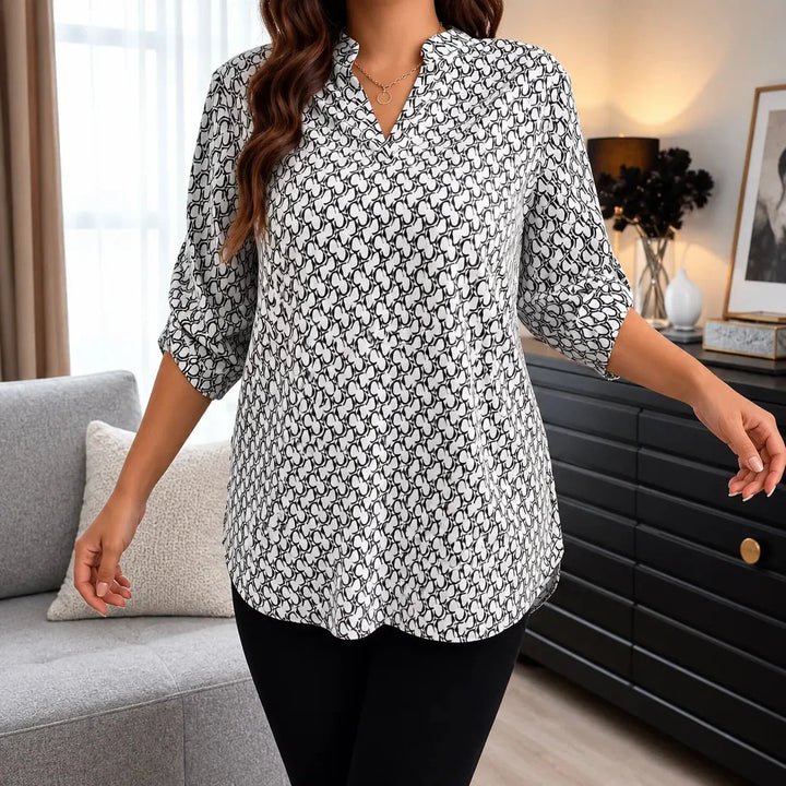 Drapella Geometric Print V-Neck Tunic Blouse with Roll-Tab Sleeves - Elena Harper
