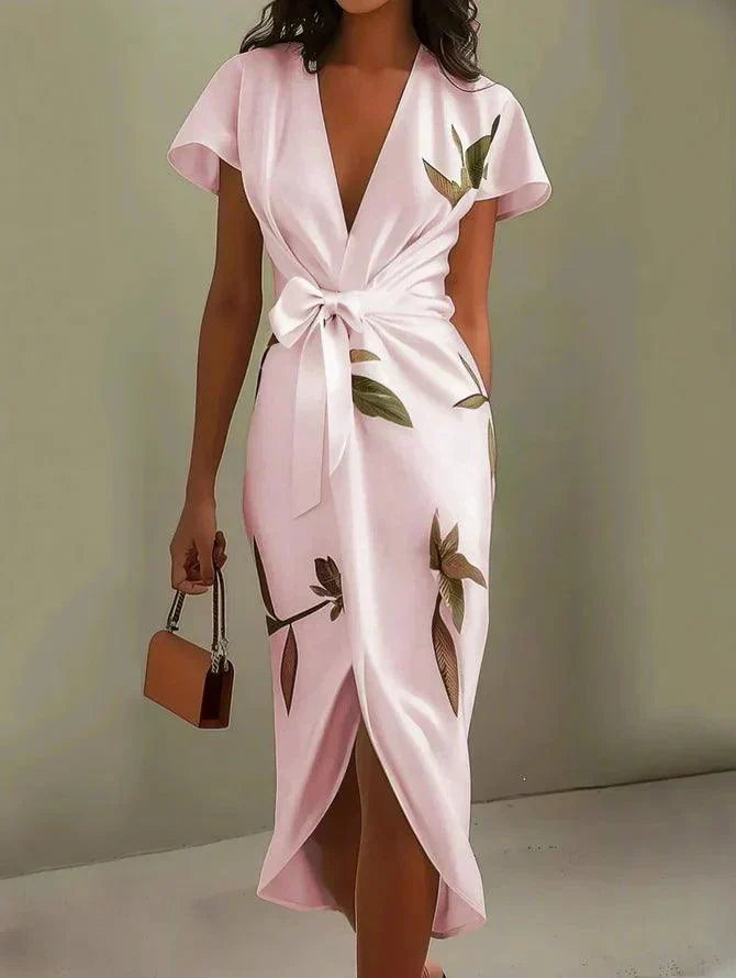 Form-fitting Florence satin dress with short sleeves and white leaf pattern - Elena Harper