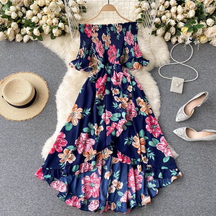 Women’s Midi Dress with Off-Shoulder, Short Sleeves, and Ruffles – Summer Style