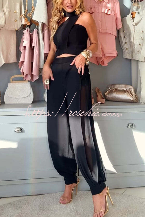 Unique Charm Irregular Button Halter Crop Tank and Elastic Waist Tulle Patchwork Pocket Lantern Pants Set