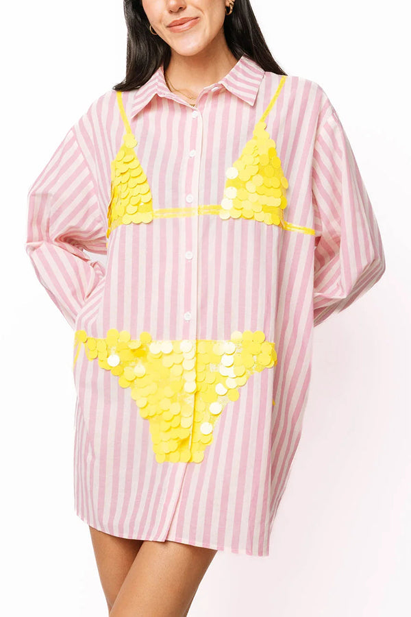 Vacation Vibe Gold Sequin Long-sleeved Bikini Pattern Blue & White Stripe Button Up Pocket Tunic (Shipped Within 24 Hours)