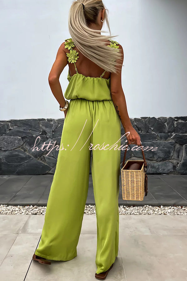 Solid Color Embroidered Flower Suspenders Casual Loose Jumpsuit, view 6 - Elena Harper