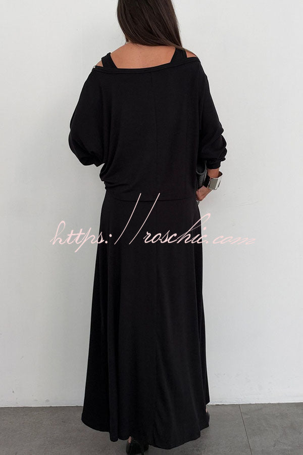 Samara Modal Beaded Detail Batwing Sleeves Loose Top and Tank Slit Maxi Dress Two Pieces Set