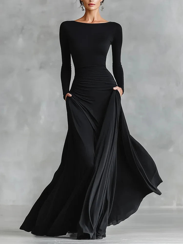 Modern long black crêpe dress with pleated boat neck - Elena Harper
