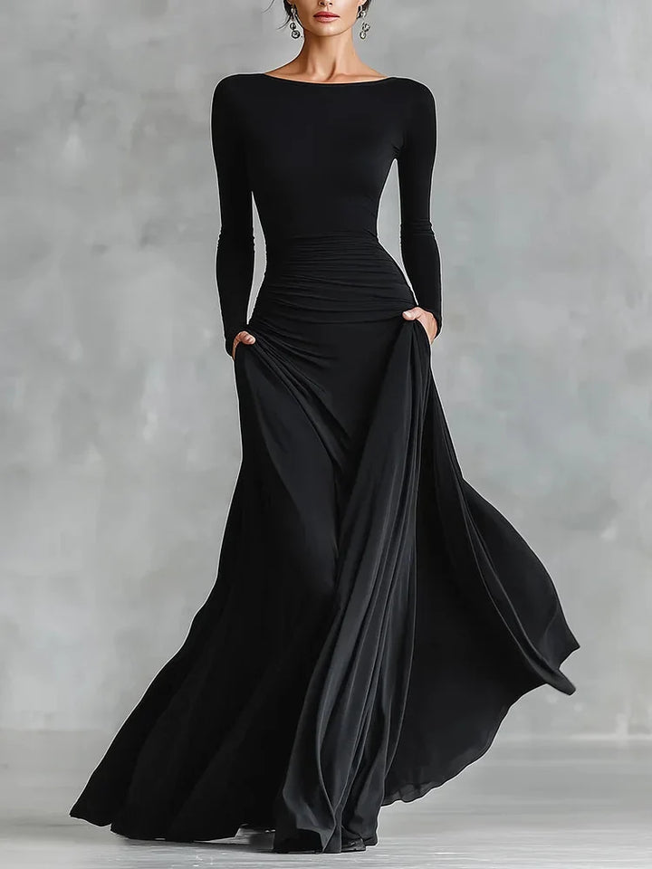 Modern long black crêpe dress with pleated boat neck - Elena Harper
