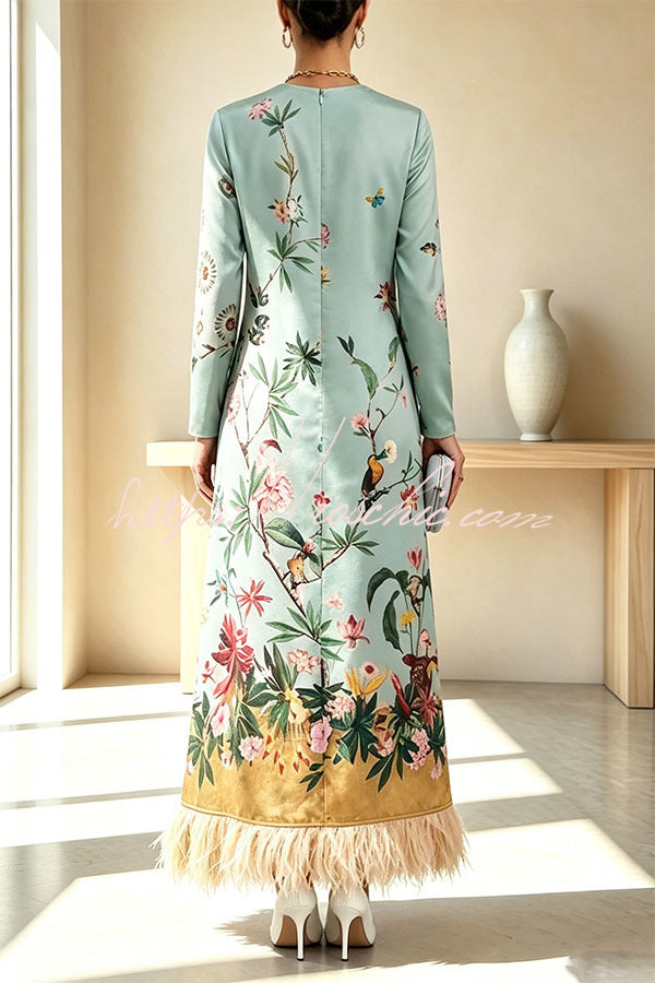Cecilia Satin Colorful Baroque Style Printed Long Sleeve Feather Trim Maxi Dress (Shipped Within 24 Hours)