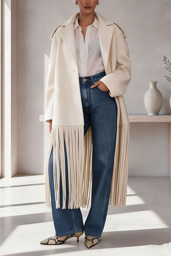 Street Style Wool Blend Long Sleeve Pocket Tassel Trim Lapel Midi Coat