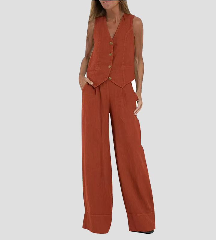 Aira Buttoned Vest & Wide-Leg Trousers Set - Elena Harper