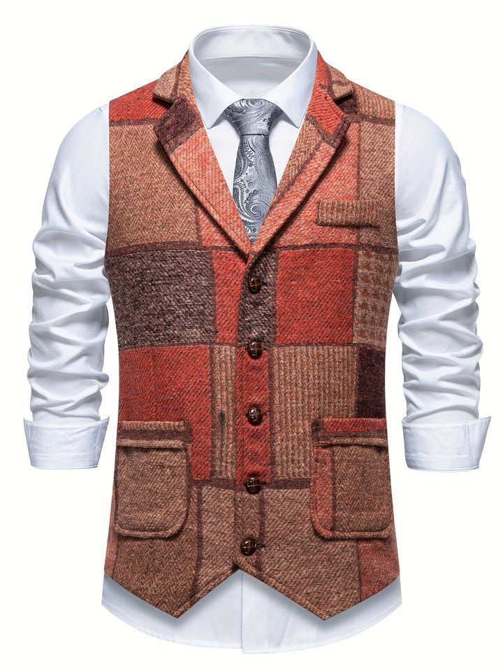 Leo Patchwork Tweed Waistcoat with Herringbone Pattern - Elena Harper
