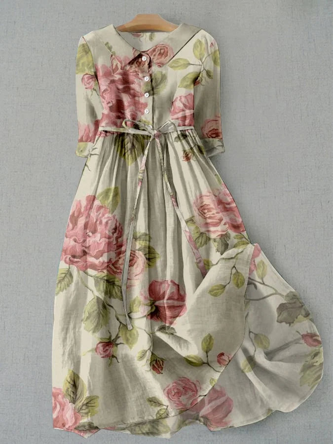 Marley Vintage Lace-Up Waisted Floral Print Dress - Elena Harper