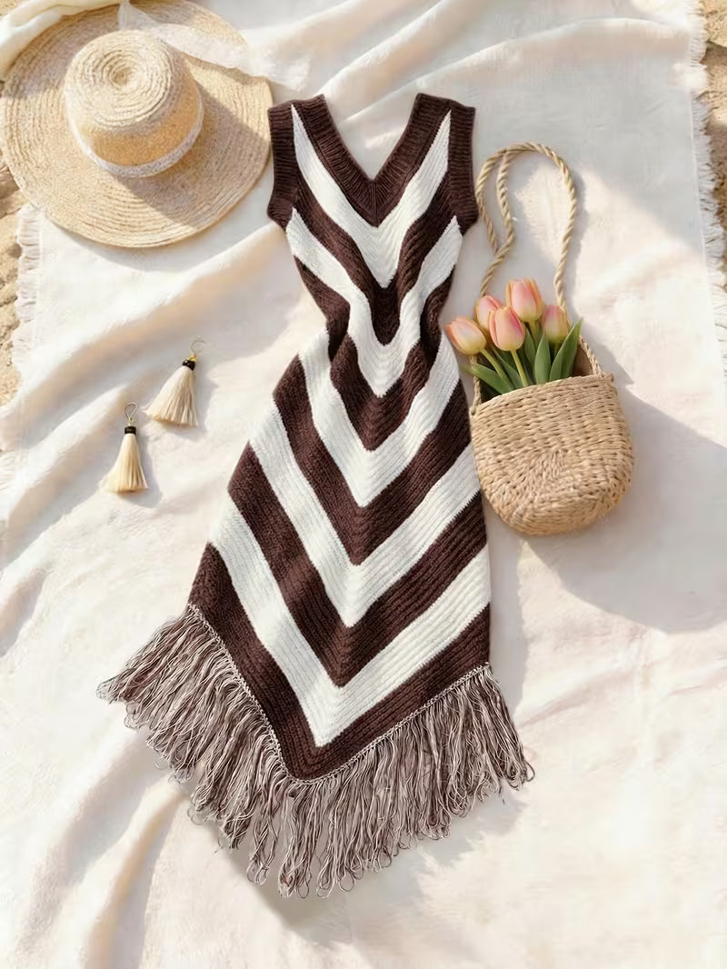 Foley Beach Cover-Up Dress with Fringe Hem made of Stretch Fabric, view 4 - Elena Harper