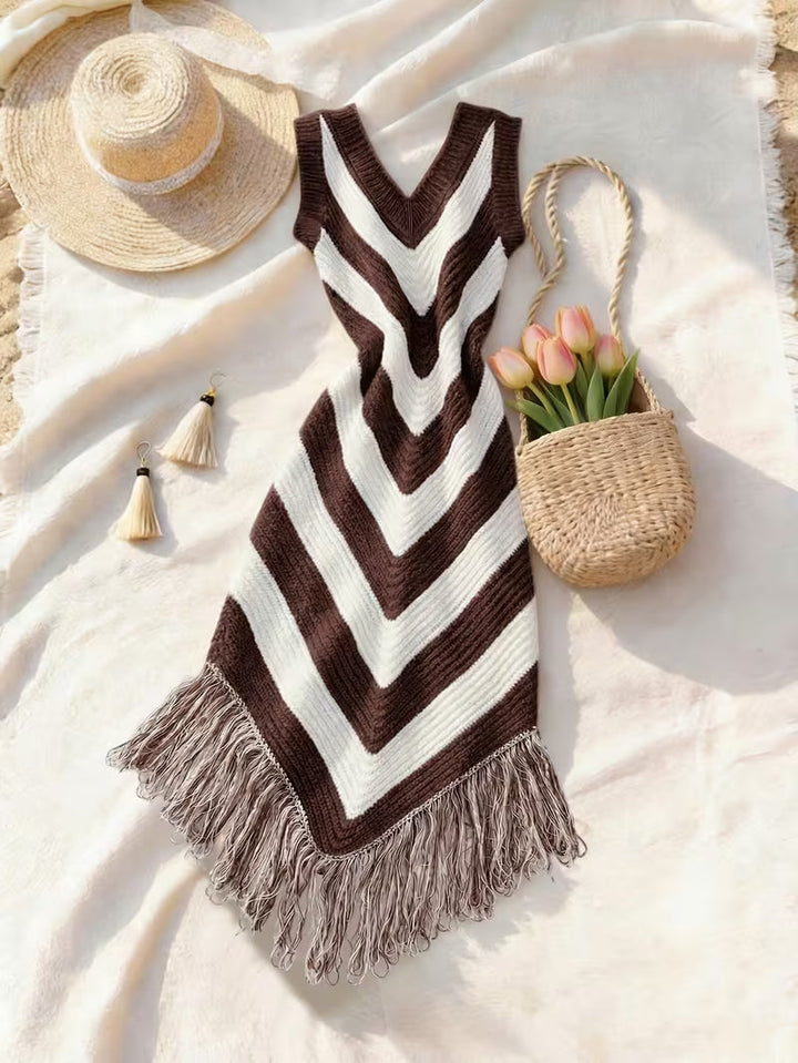 Foley Beach Cover-Up Dress with Fringe Hem made of Stretch Fabric, view 4 - Elena Harper