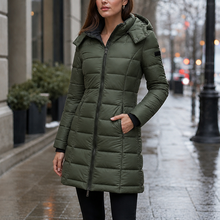 Mia | Elegant Mid-Length Puffer Jacket with Hood and Insulating Quilting