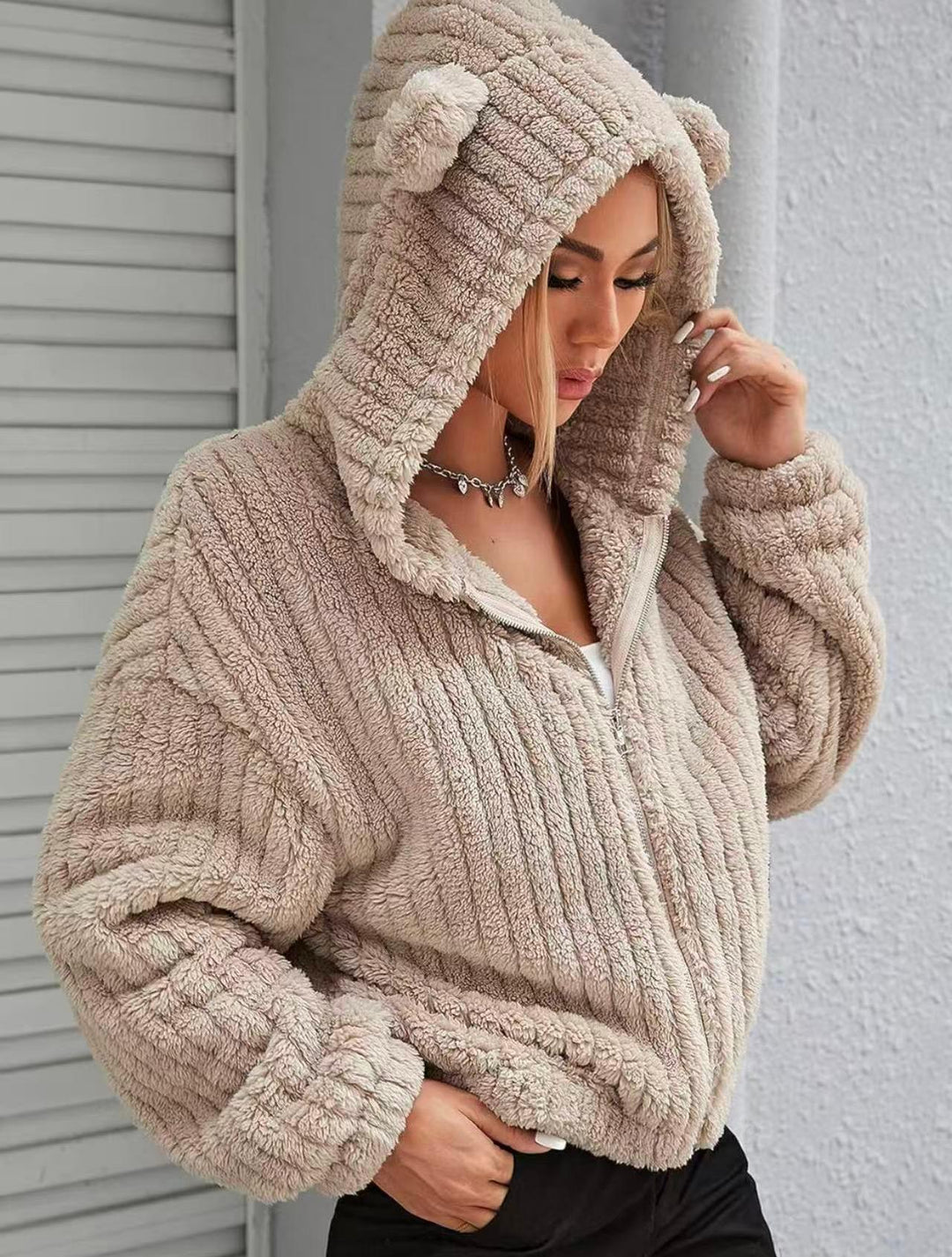 Women's Plush Cardigan with Zip and Hood - Warm and Cozy