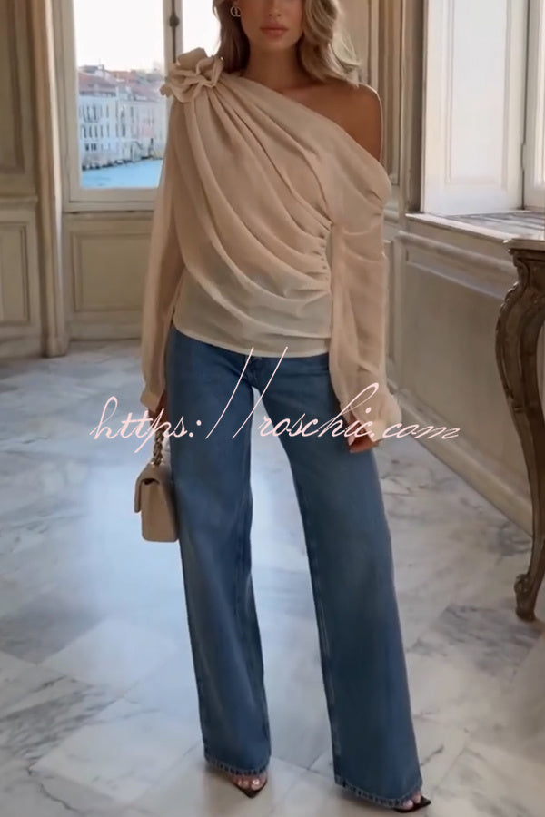 Nayla Chiffon 3D Floral One Shoulder Long Balloon Sleeve Drape Blouse