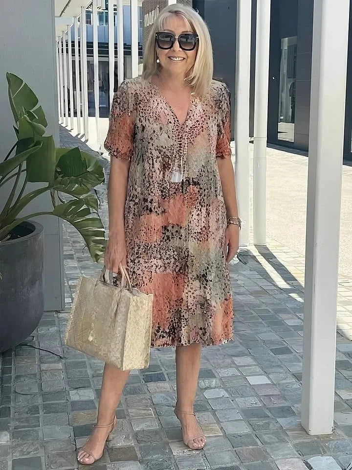 Emelith Summer Dress in Leopard Lace with V-Neck, view 2 - Elena Harper