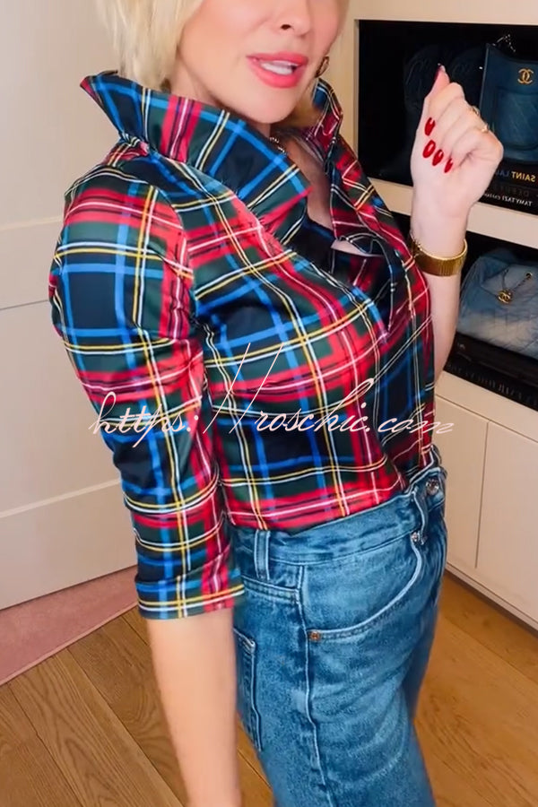 Duke of York Holiday Plaid Ruffle Stand Neck Half Sleeve Blouse