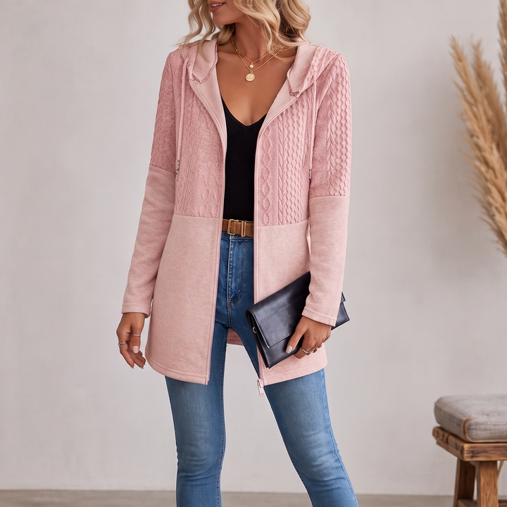 Elena | Long Knit Hoodie with Cable Pattern and Zipper
