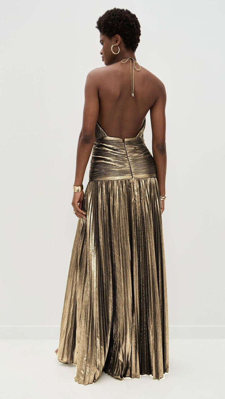 Fashion Metallic Pleated Halter Dress - Elena Harper