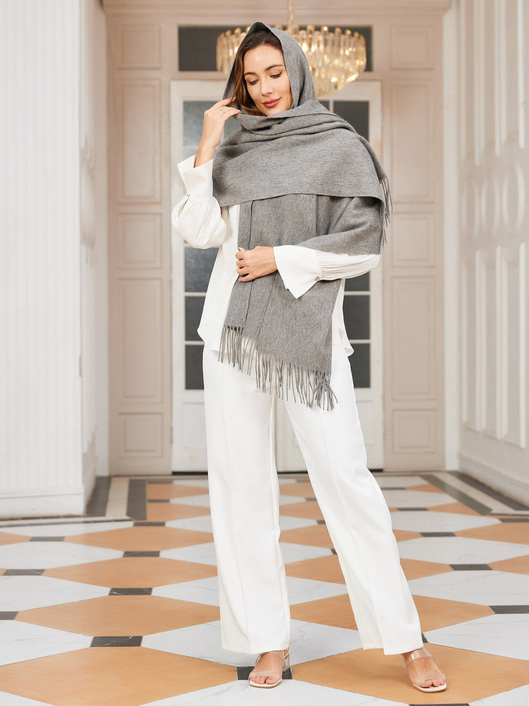 Elegant Soft Women's Wool Scarf with Fringes, view 3 - Elena Harper