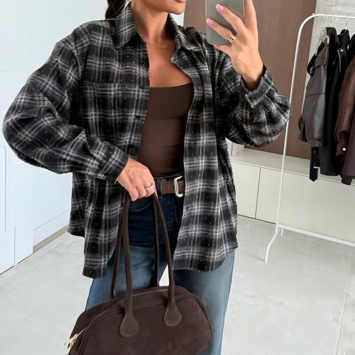 Women's Single-Breasted Shirt with Tartan Pattern and Rhinestones, Long Sleeves