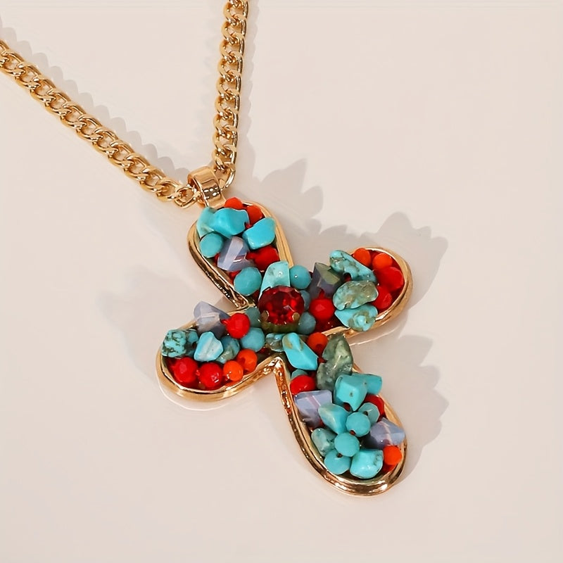Bohemian Vibrant Colorful Turquoise Cross Pendant Necklace - Elena Harper