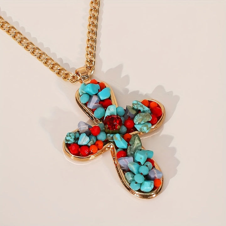 Bohemian Vibrant Colorful Turquoise Cross Pendant Necklace - Elena Harper