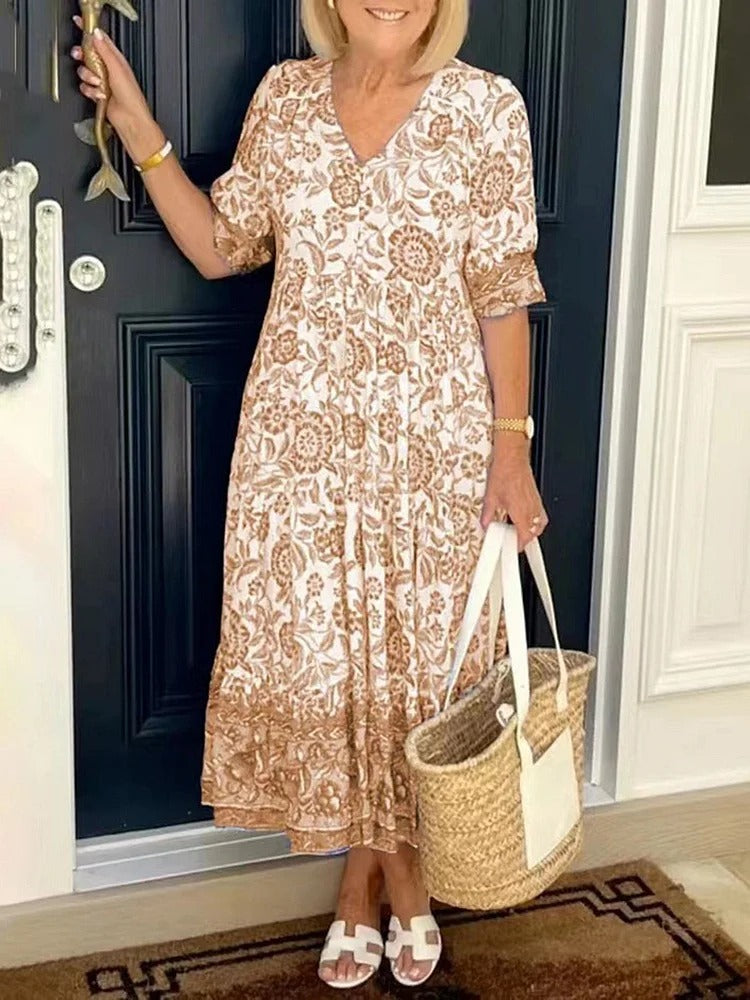 Lilara Boho Deep V Neck Floral Dress - Elena Harper