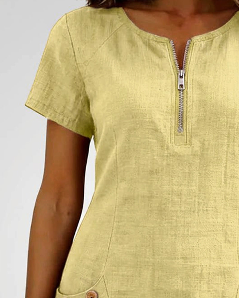 Short Linen and Cotton Dress with Zipper Closure Elegant A-Line Cut - Elena Harper