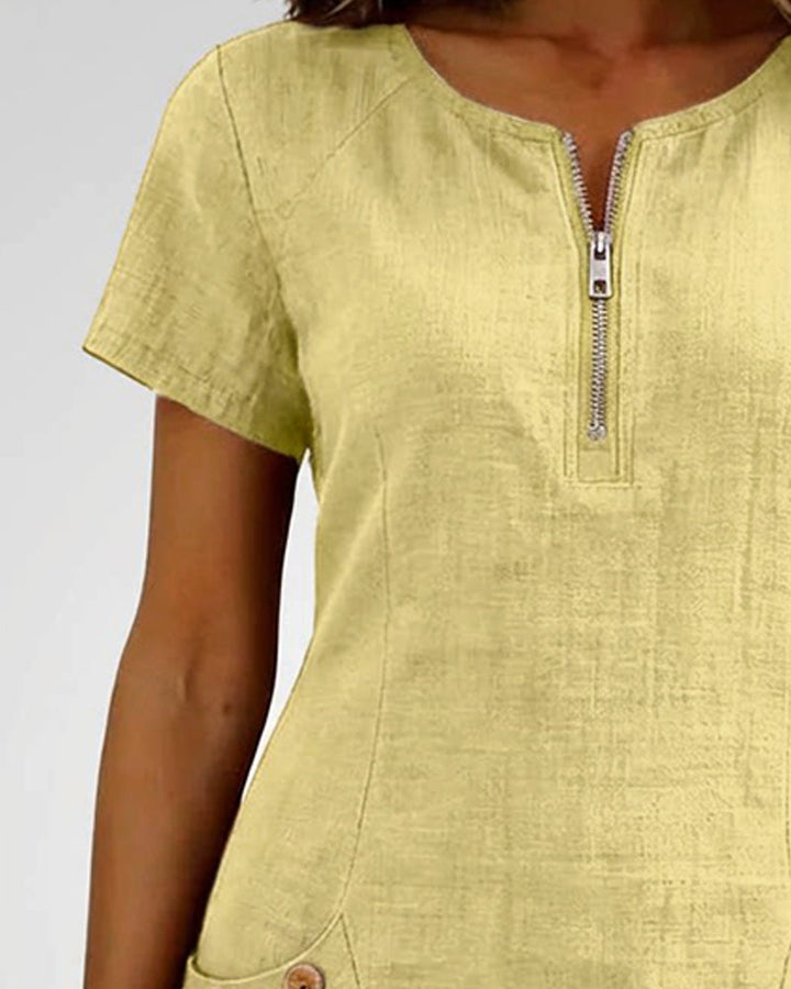 Short Linen and Cotton Dress with Zipper Closure Elegant A-Line Cut - Elena Harper