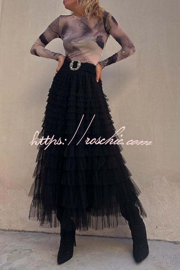 Be Your Own City Queen Tiered Elastic Waist Tulle Maxi Skirt, view 6 - Elena Harper